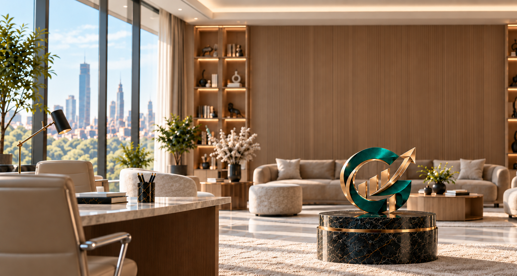 Emerald and gold Growza sculpture in a sunlit office with illustrative floating analytics